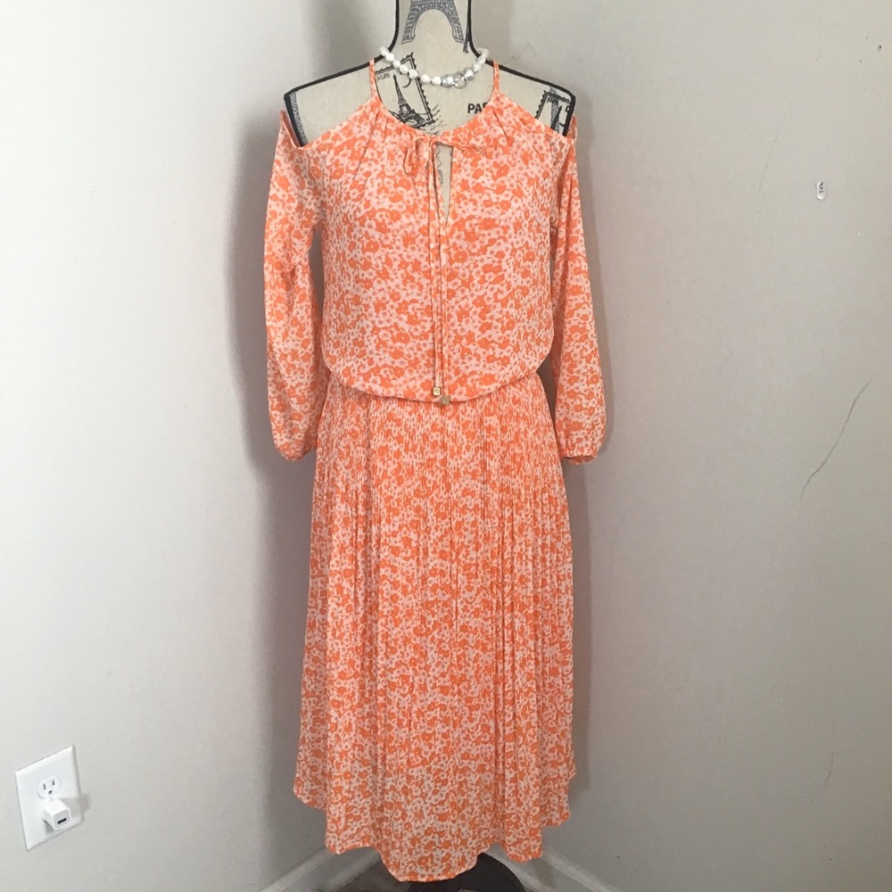 Michael Kors Womens Orange White Floral Cold Shoulder Long Sleeves Chiffon Dress